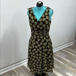 Connected Apparel Brown and Sage Green Fit and Flare Midi Dress V-Neck